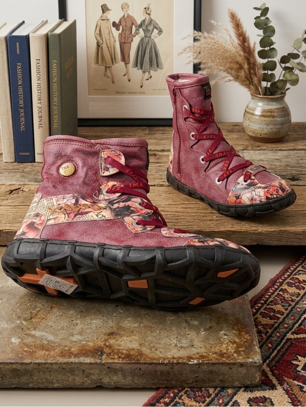 TMA Eyes Newspaper Print Fleece-Lined Ankle Boots
